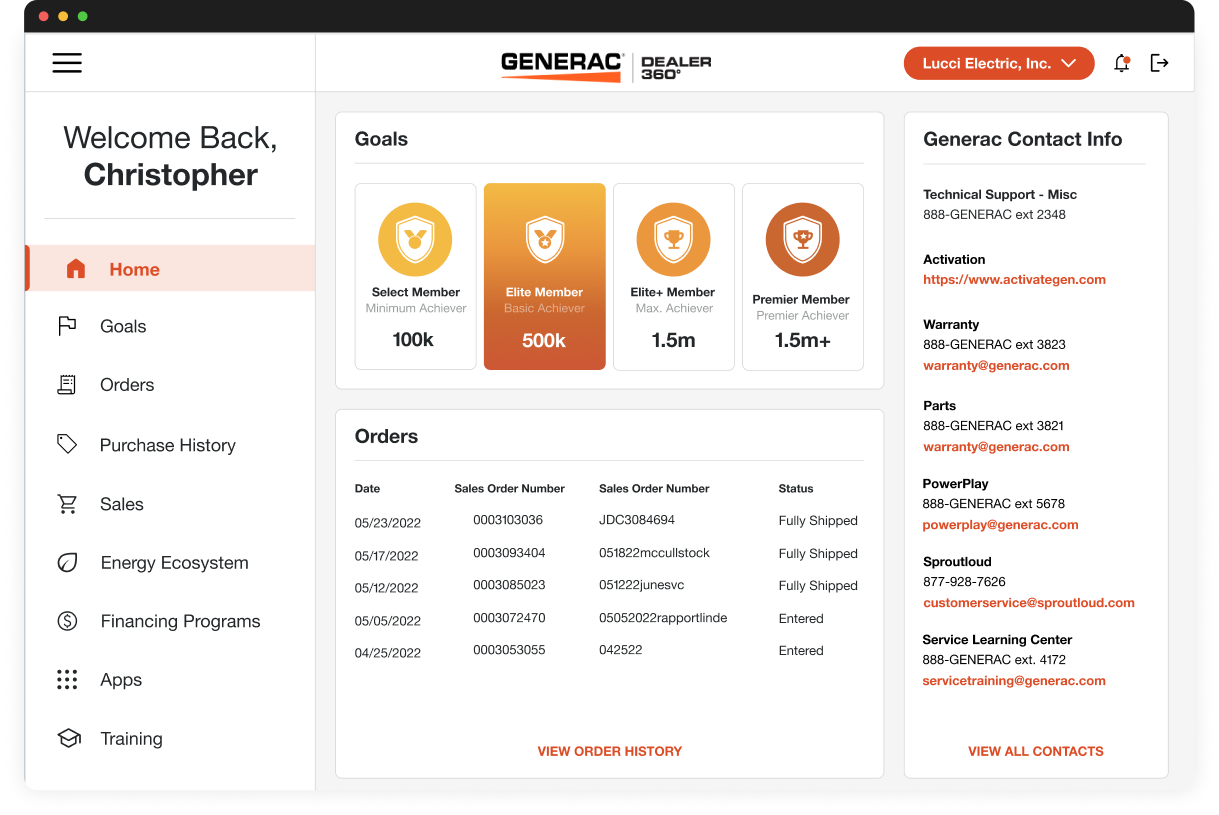 Generac Dealer 360 detail view